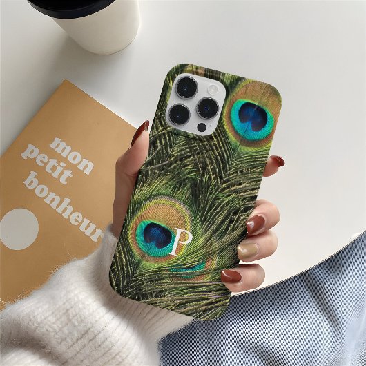 Moderne Elegante Peacock Feather Monogram Telefoon Case-Mate iPhone Case