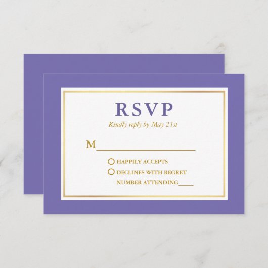 Moderne Elegante Periwinkle Wit Goud RSVP Kaartje (Voorkant / Achterkant)