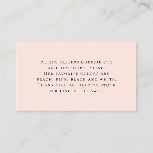 Moderne elegante perzik lingerie douche informatiekaartje (Achterkant)