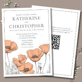 Moderne elegante perzik papavers bloemenbruiloft kaart