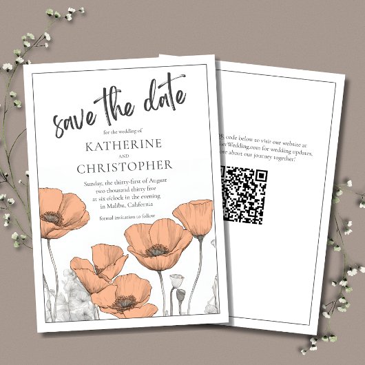 Moderne elegante perzik papavers bloemenbruiloft save the date