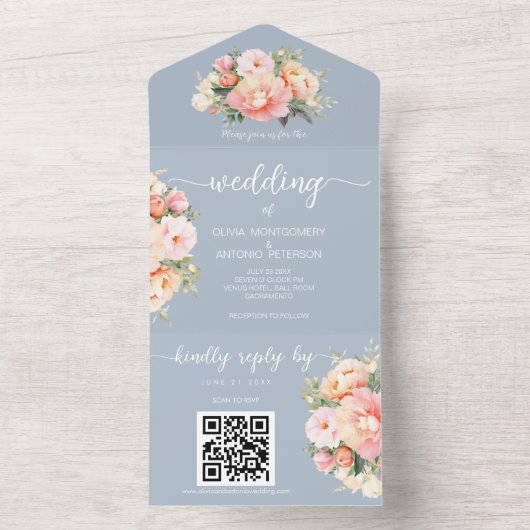 Moderne Elegante Pioenrozen Stof Blauw QR Code Tro All In One Uitnodiging (Binnen)