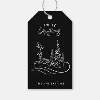 Moderne Elegante Prettig Kerstboom en Rendier Cadeaulabel