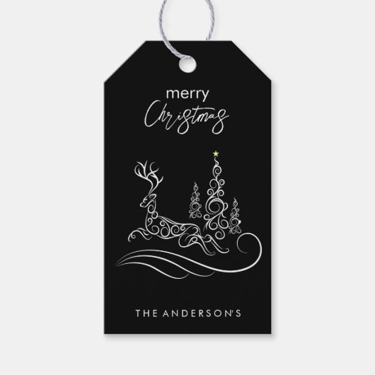 Moderne Elegante Prettig Kerstboom en Rendier Cadeaulabel (Voorkant)