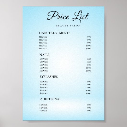 Moderne Elegante Prijslijst Schoonheidssalon Poster (Voorkant)