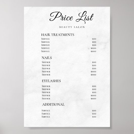 Moderne Elegante Prijslijst Schoonheidssalon Poster (Voorkant)