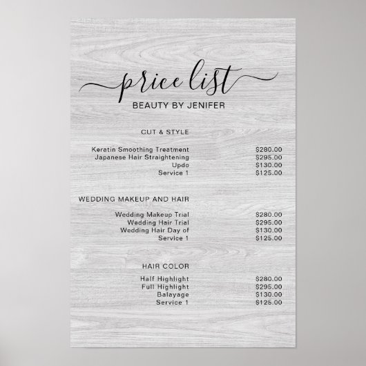Moderne Elegante Prijslijst Schoonheidssalon Poster (Voorkant)