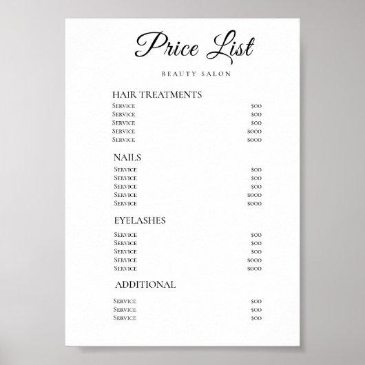 Moderne Elegante Prijslijst Schoonheidssalon Poster (Voorkant)