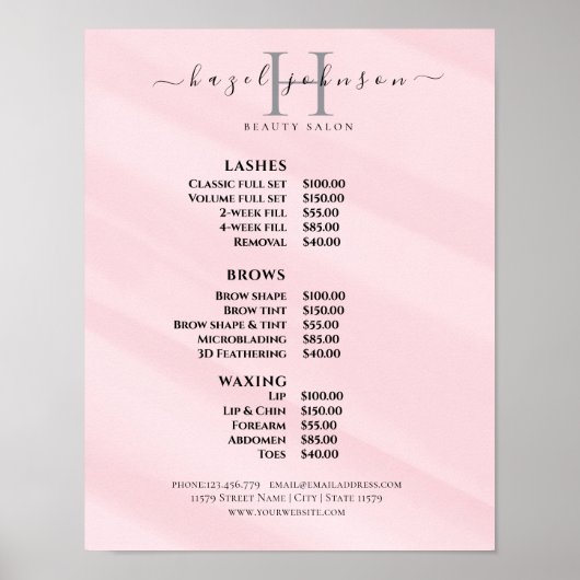 Moderne Elegante Prijslijst Schoonheidssalon Poster (Voorkant)