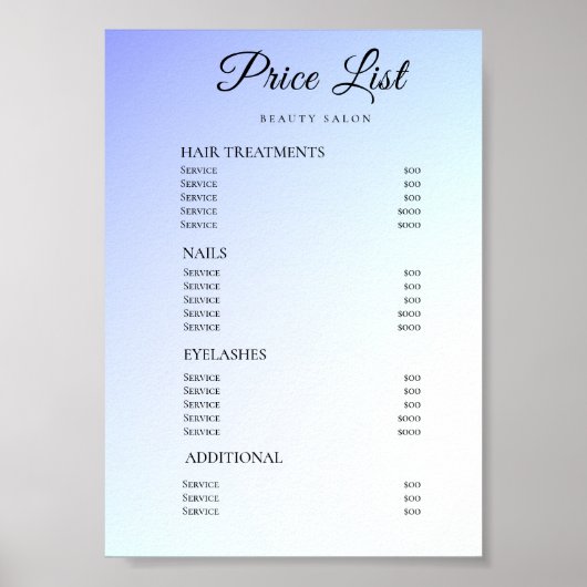 Moderne Elegante Prijslijst Schoonheidssalon Poster (Voorkant)