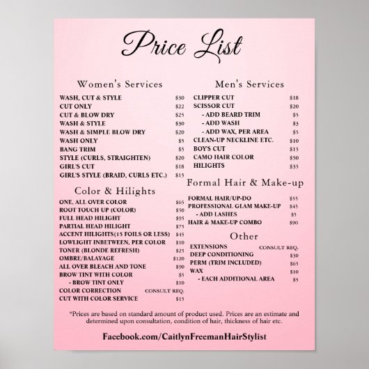 Moderne Elegante Prijslijst Schoonheidssalon Poster (Voorkant)