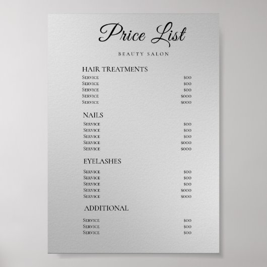 Moderne Elegante Prijslijst Schoonheidssalon Poster (Voorkant)