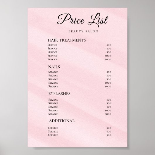 Moderne Elegante Prijslijst Schoonheidssalon Poster (Voorkant)
