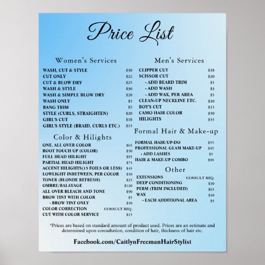 Moderne Elegante Prijslijst Schoonheidssalon Poster (Voorkant)