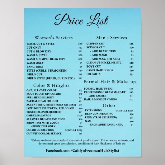 Moderne Elegante Prijslijst Schoonheidssalon Poster (Voorkant)