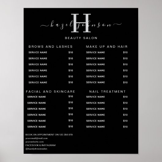 Moderne Elegante Prijslijst Schoonheidssalon Poster (Voorkant)