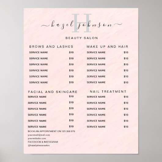 Moderne Elegante Prijslijst Schoonheidssalon Poster (Voorkant)