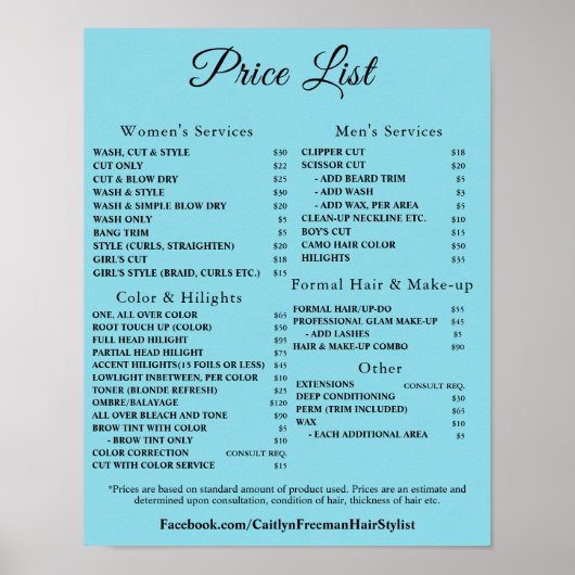 Moderne Elegante Prijslijst Schoonheidssalon Poster (Voorkant)