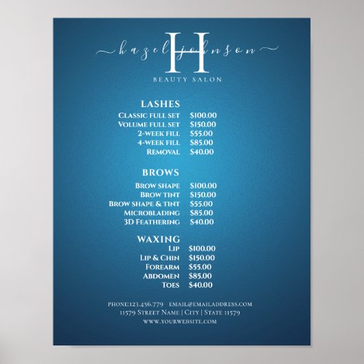 Moderne Elegante Prijslijst Schoonheidssalon Poster (Voorkant)
