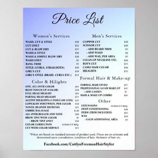 Moderne Elegante Prijslijst Schoonheidssalon Poster (Voorkant)