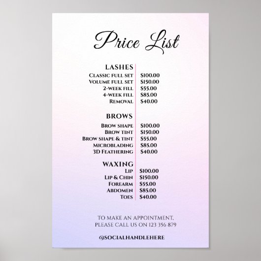 Moderne Elegante Prijslijst Schoonheidssalon Poster (Voorkant)