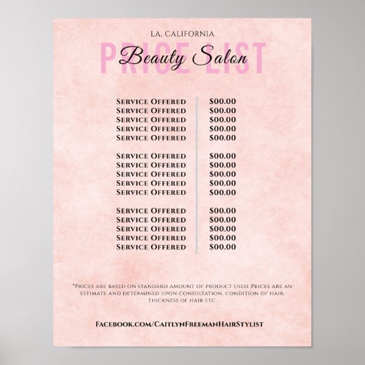 Moderne Elegante Prijslijst Schoonheidssalon Poster (Voorkant)