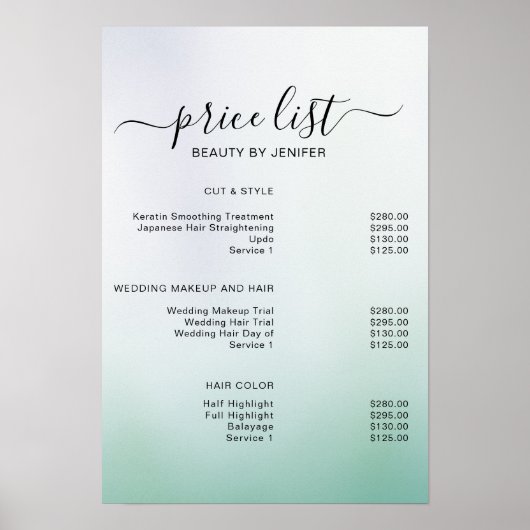 Moderne Elegante Prijslijst Schoonheidssalon Poster (Voorkant)