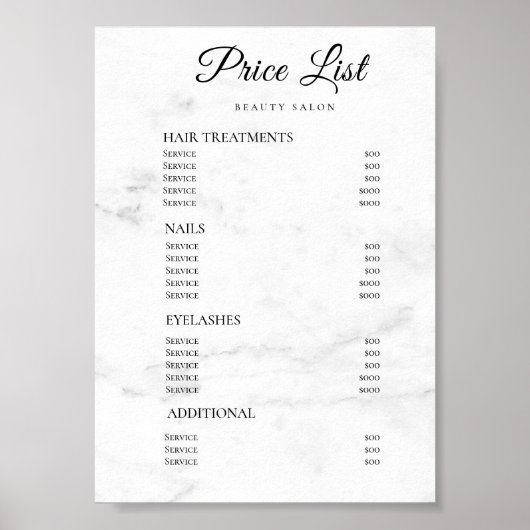 Moderne Elegante Prijslijst Schoonheidssalon Poster (Voorkant)