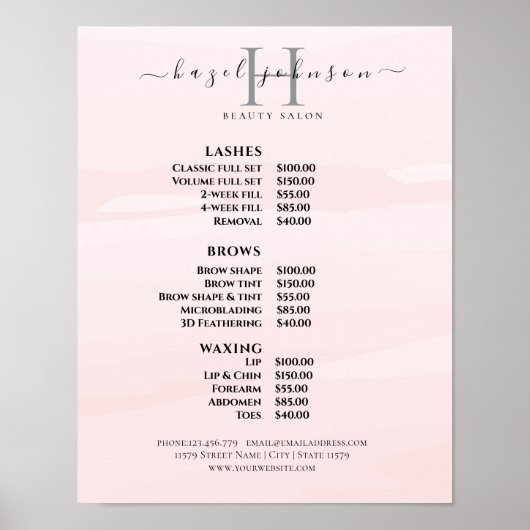 Moderne Elegante Prijslijst Schoonheidssalon Poster (Voorkant)