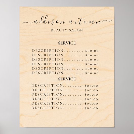 Moderne Elegante Prijslijst Schoonheidssalon Poster (Voorkant)