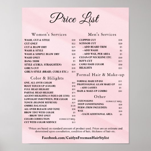 Moderne Elegante Prijslijst Schoonheidssalon Poster (Voorkant)