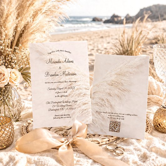 Moderne Elegante QR Code Pampas Gras Boho Bruiloft Kaart