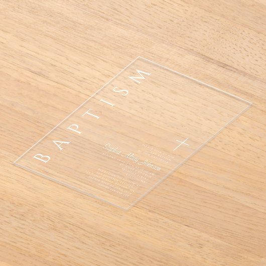 Moderne elegante religieuze kruis witte doop acryl uitnodigingen (Laagn)