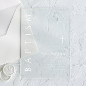 Moderne elegante religieuze kruis witte doop acryl uitnodigingen