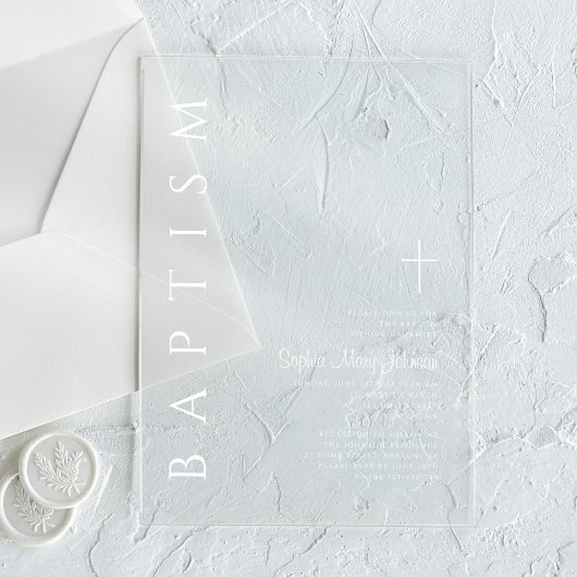 Moderne elegante religieuze kruis witte doop acryl uitnodigingen