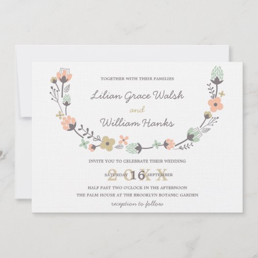 Moderne Elegante Retro Bloemen Krans Trouwen Kaart (Voorkant)