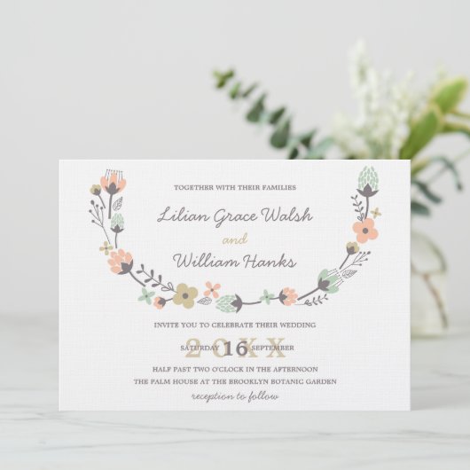 Moderne Elegante Retro Bloemen Krans Trouwen Kaart (Staand voorkant)