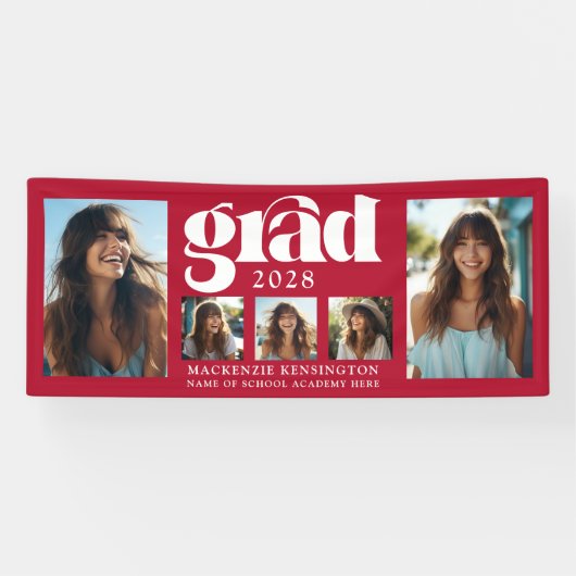 Moderne Elegante Rode Afstuderen Fotocollage Spandoek (Horizontaal)