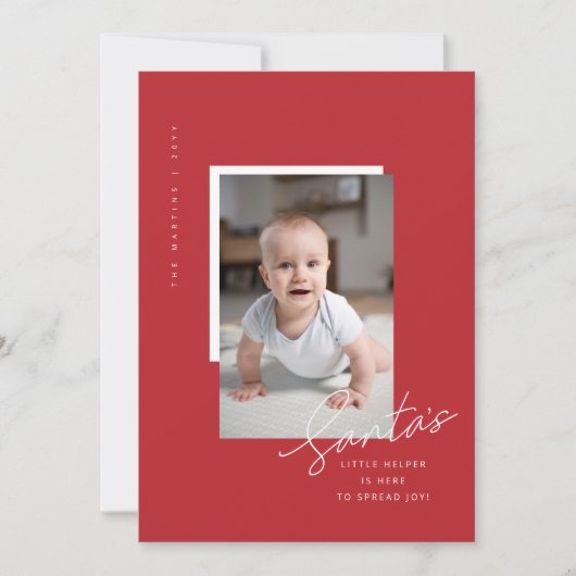 Moderne elegante rode baby's eerste kerstfoto feestdagenkaart (Voorkant)