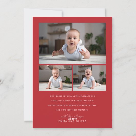Moderne elegante rode baby's eerste kerstfoto feestdagenkaart (Achterkant)
