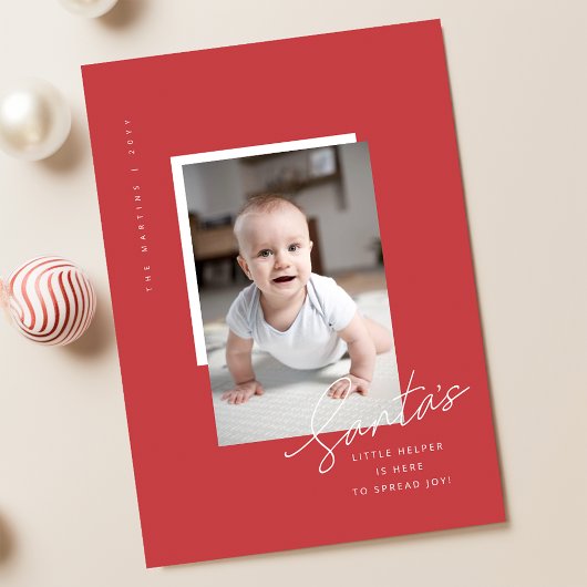 Moderne elegante rode baby's eerste kerstfoto feestdagenkaart