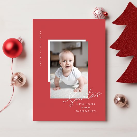 Moderne elegante rode baby's eerste kerstfoto feestdagenkaart