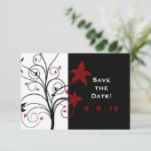 Moderne elegante rode en zwarte bruiloft Save the Kaart (Staand voorkant)