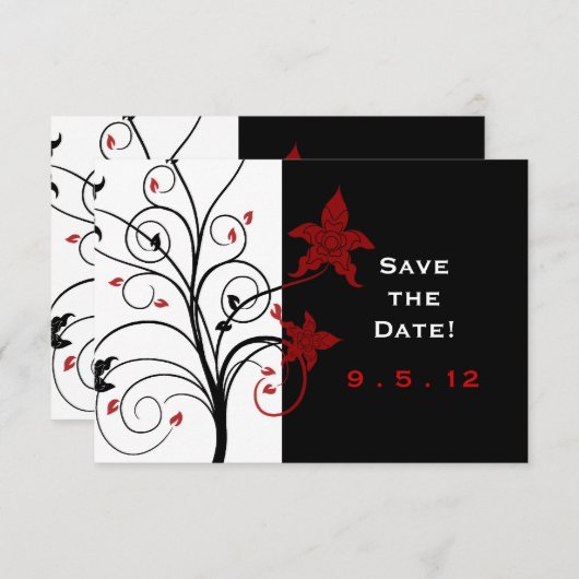Moderne elegante rode en zwarte bruiloft Save the Kaart (Voorkant / Achterkant)