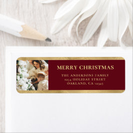 Moderne Elegante Rode & Faux Gouden Kerstfoto Etiket