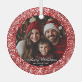 Moderne Elegante Rode Glitter Kerstmis Familiefoto Glas Ornament (Voorkant)