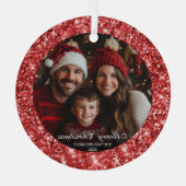 Moderne Elegante Rode Glitter Kerstmis Familiefoto Glas Ornament (Achterkant)