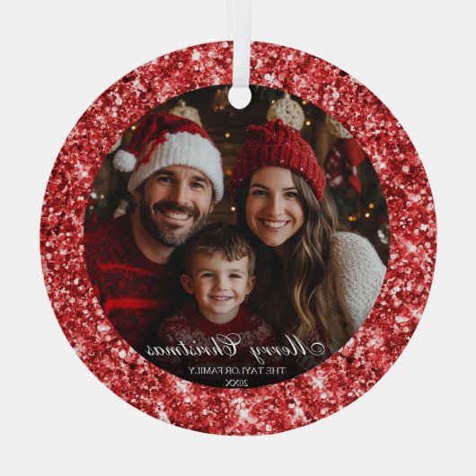 Moderne Elegante Rode Glitter Kerstmis Familiefoto Glas Ornament (Achterkant)
