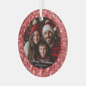 Moderne Elegante Rode Glitter Kerstmis Familiefoto Glas Ornament (Voorkant links)
