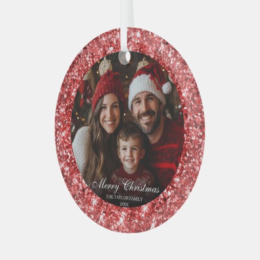 Moderne Elegante Rode Glitter Kerstmis Familiefoto Glas Ornament (Voorkant links)